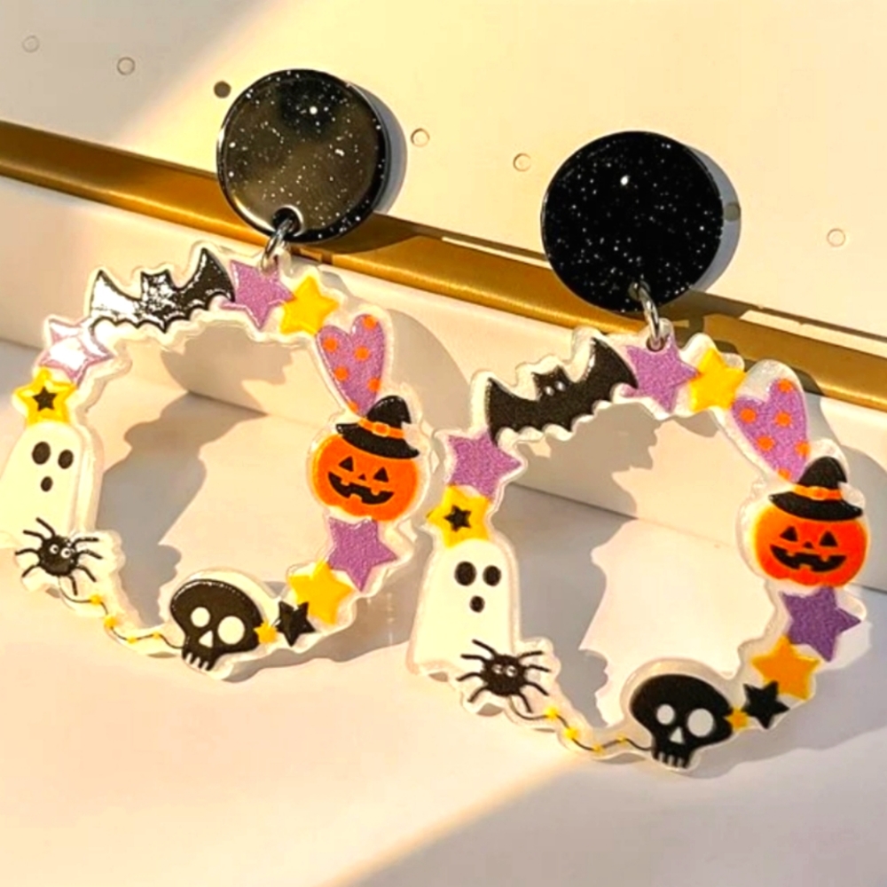 Halloween Hoop Earrings – Pumpkin Ghost Bat Spider Resin Dangle